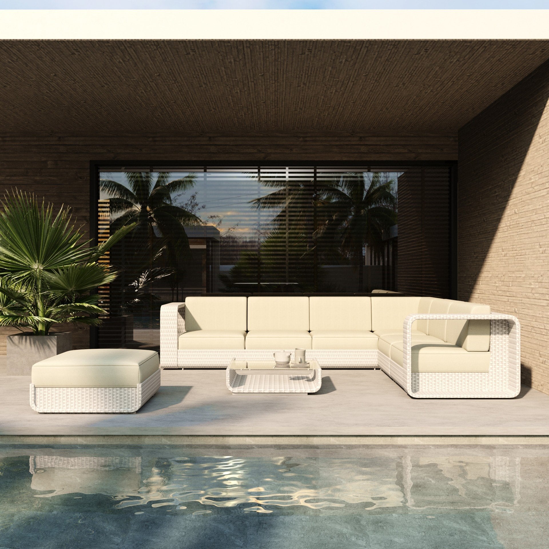 Salon d'angle de jardin HAMPTONS - canapé 4 places, repose-pieds et table basse
