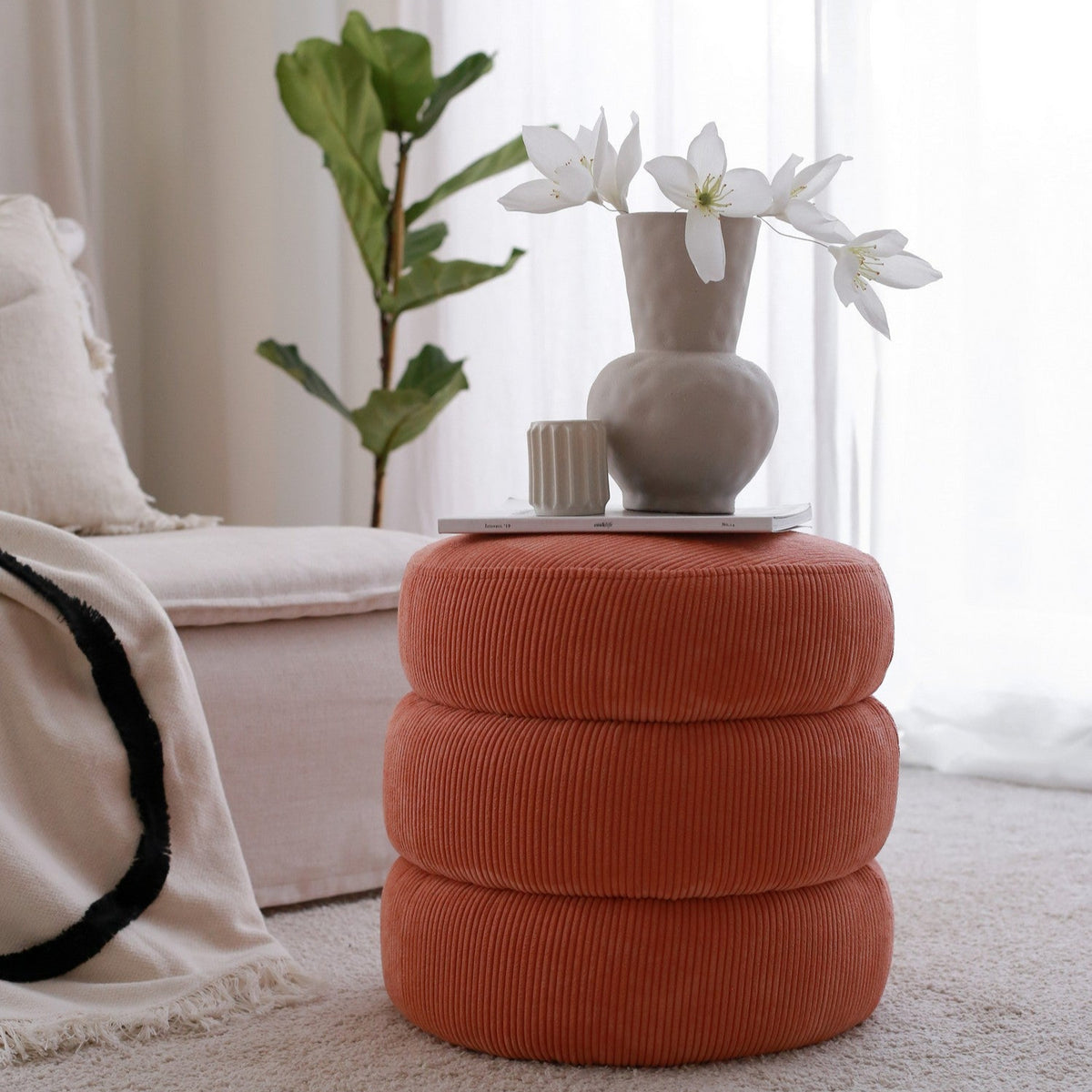 Boum Vermilion Coral Pouffe Modern Upholstered Ottoman