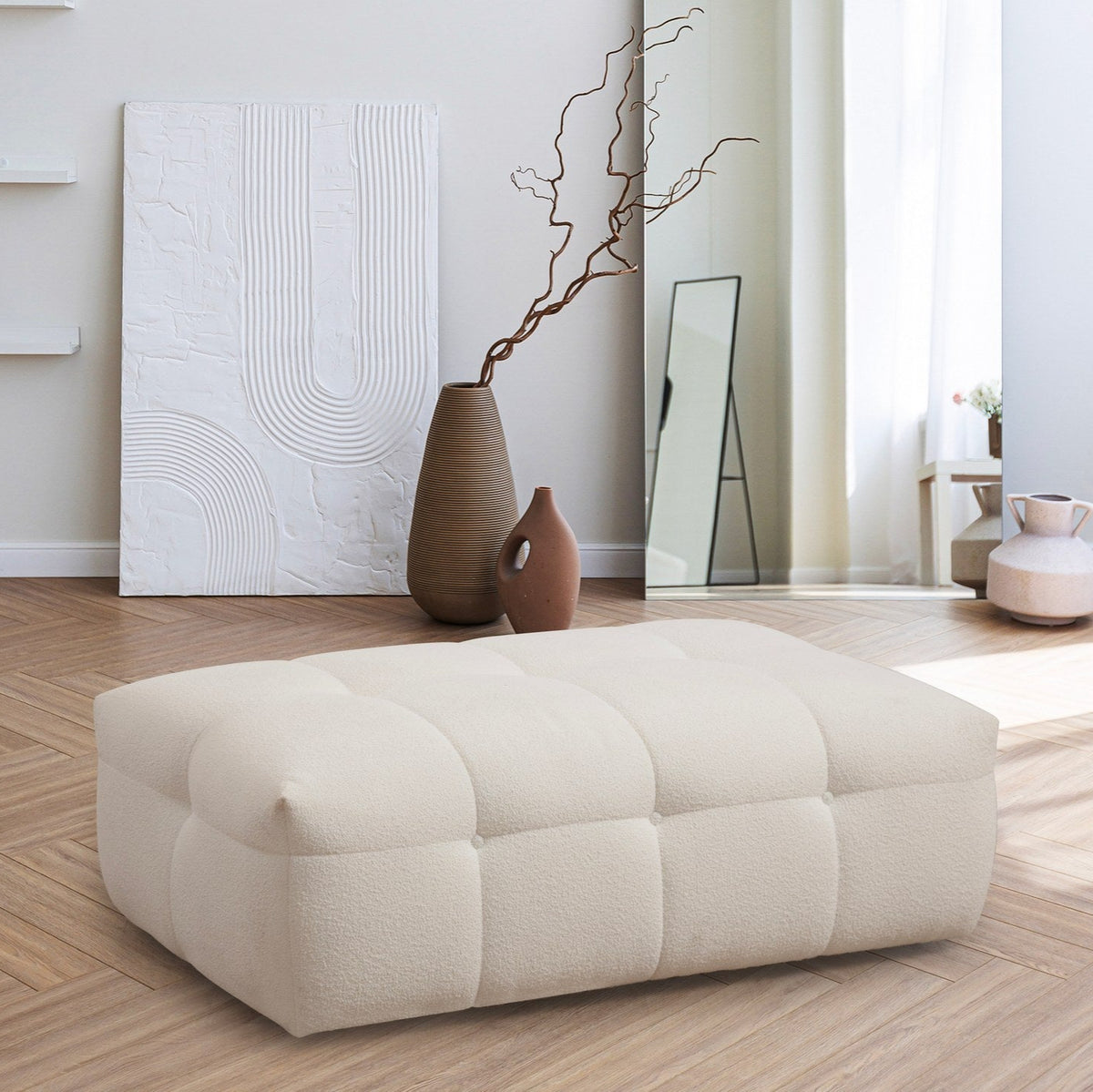 Cady Ottoman Beige Pouffe Modern Upholstered Ottoman