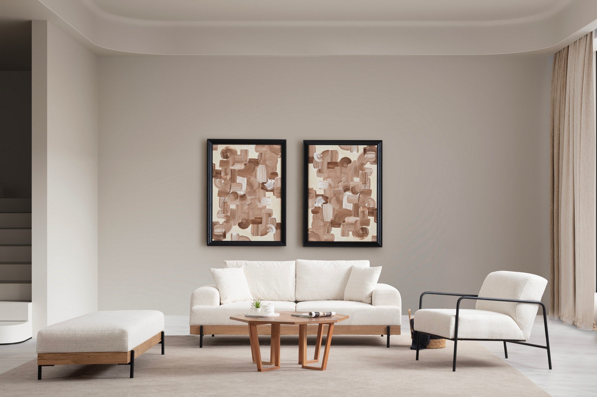 Eti  3 Seater Sofa oak structure and white fabrc | Comfortable Modern Couch