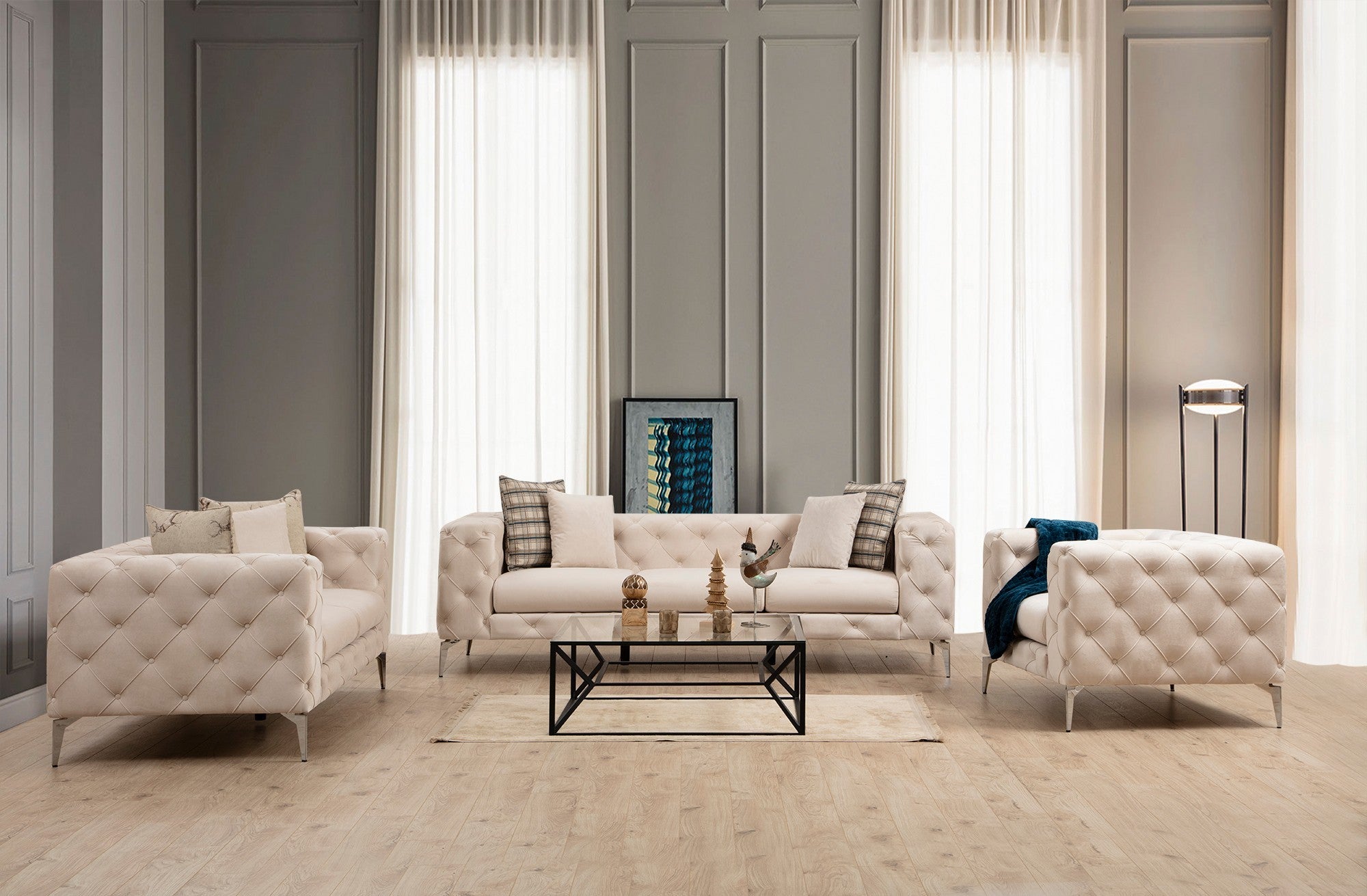 Como Ecru 3 Seater Sofa | Tufted Comfortable Modern Couch