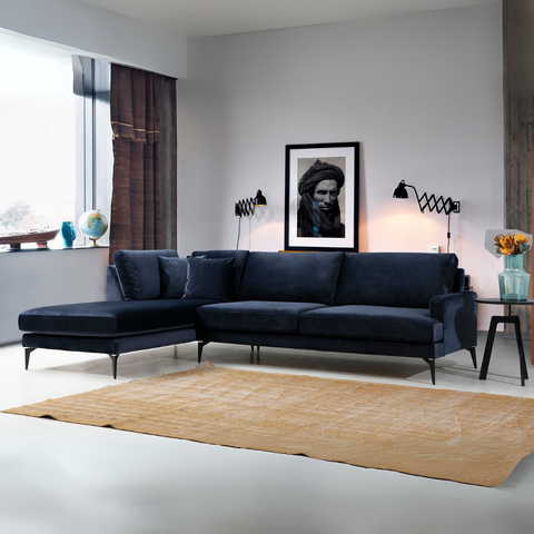 Papira – Navy Blue L Shape Corner Sofa | Designer Sectional for Living Room