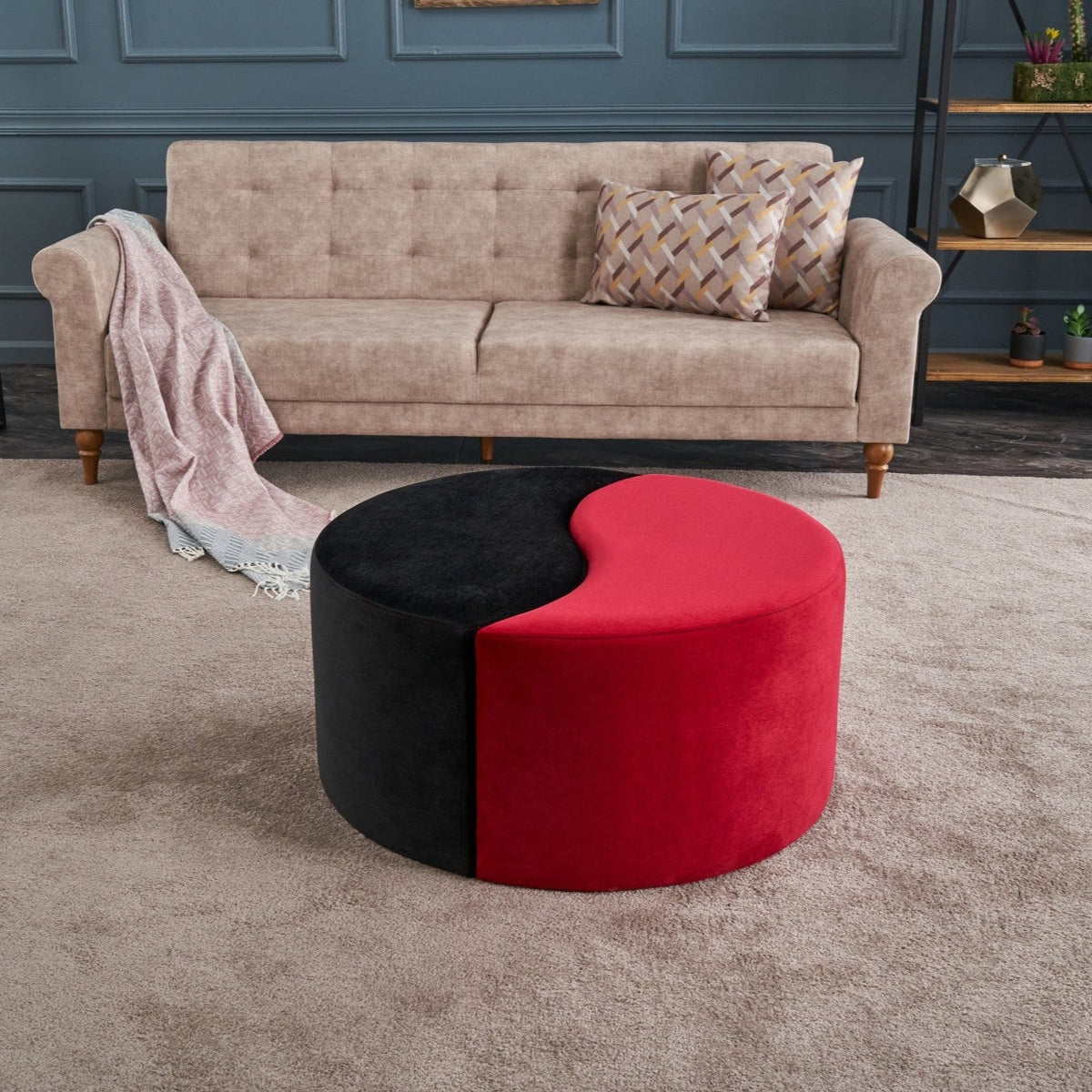 Alis Puf Black Red Pouffe Modern Upholstered Ottoman