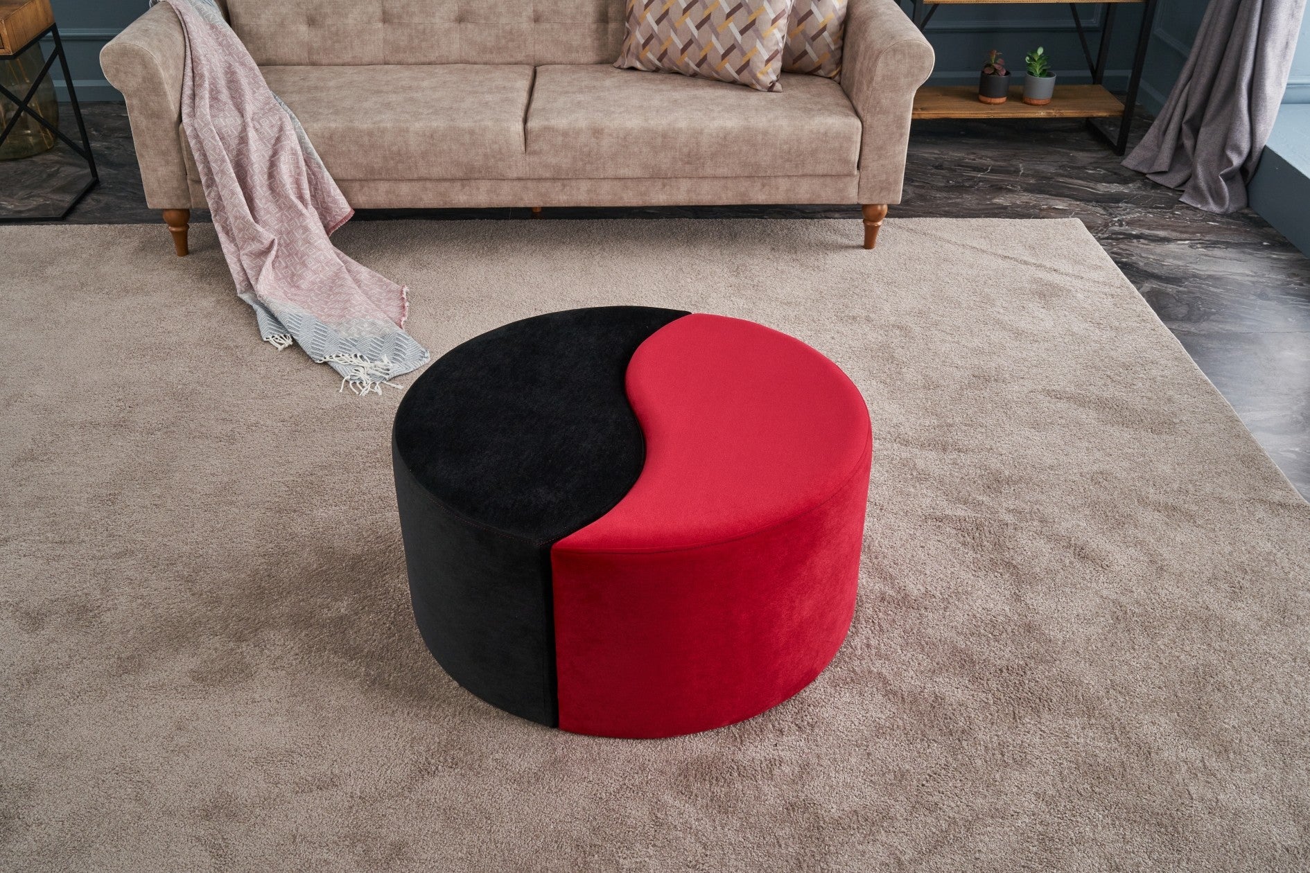 Alis Puf| Black Red Pouffe – Modern Upholstered Ottoman