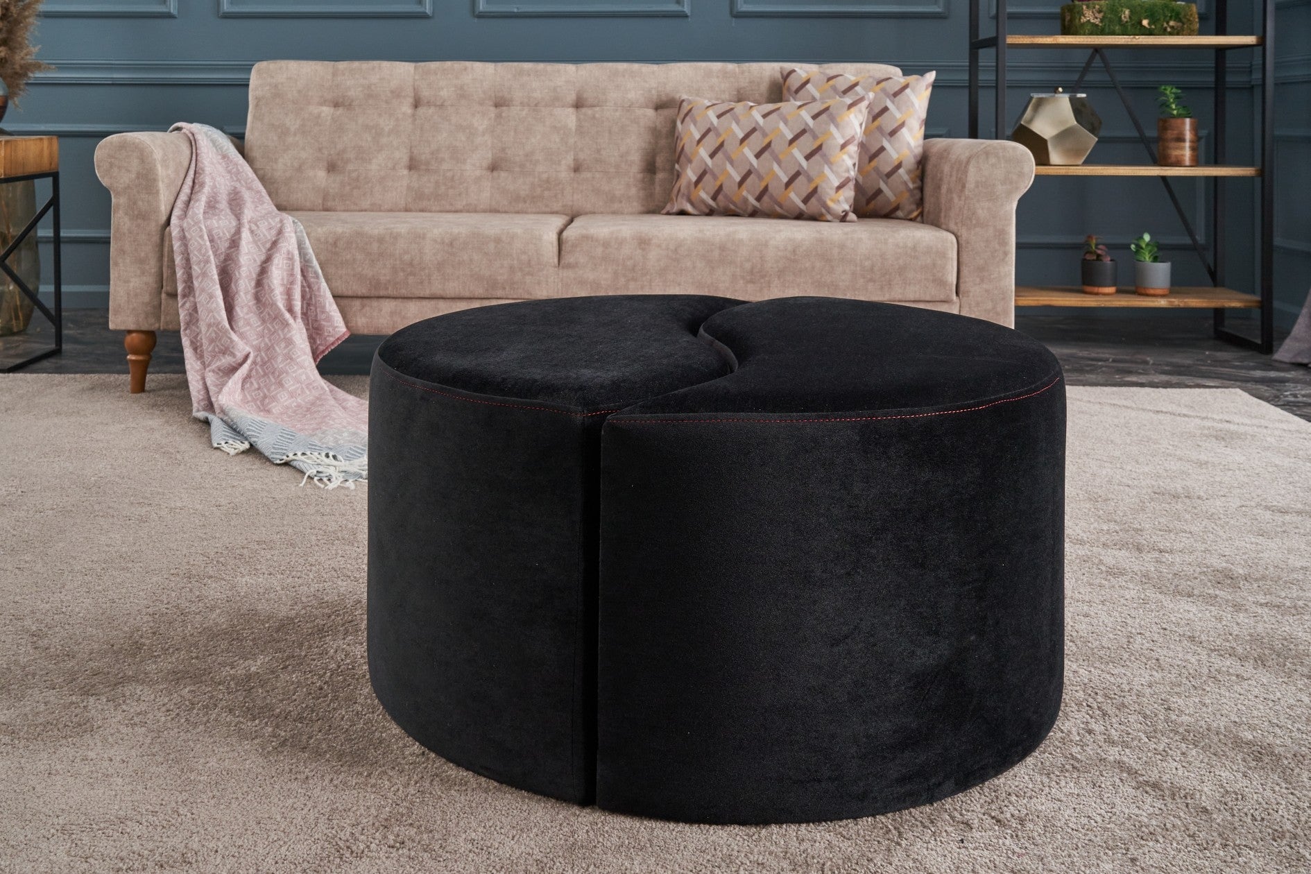 Alis Puf  | Anthracite Pink Pouffe – Modern Upholstered Ottoman