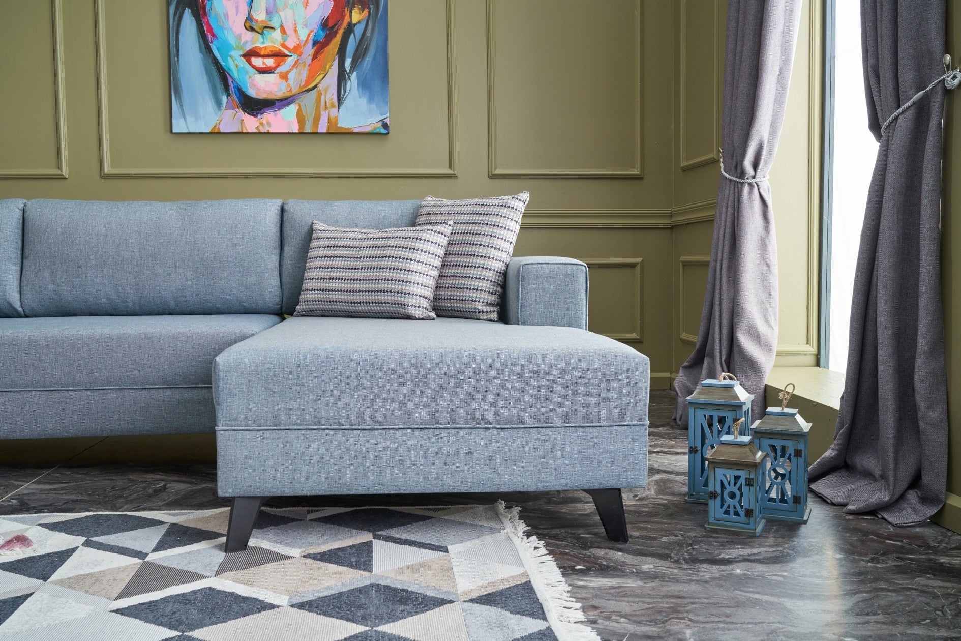 Efsun – Blue L Shaped Corner Sofa Bed | Modular Sectional